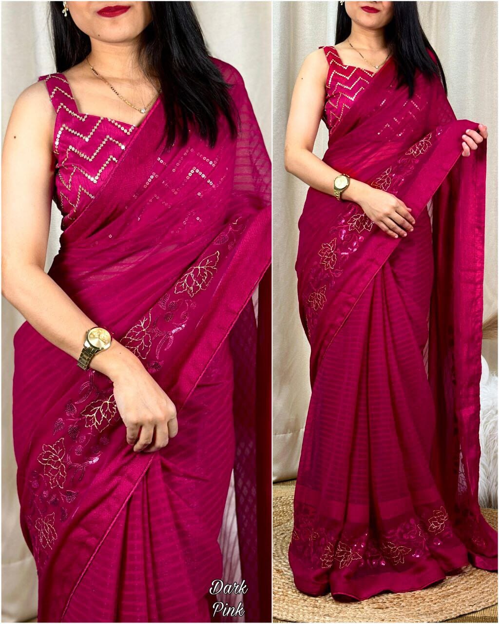 Rose Red Himanshi Designer Shimmer Chiffon Saree with Sequence Work Blouse Designer Saree Shopin Di Apparels