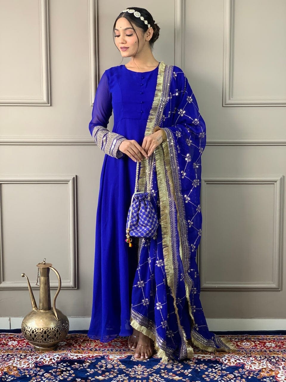 Royal Blue Georgette Gown with Embroidered Dupatta and Silk Pant Ready Made Designer Suits Shopin Di Apparels