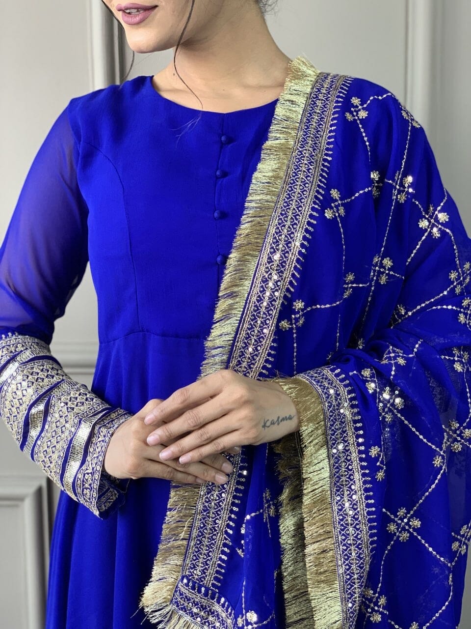 Royal Blue Georgette Gown with Embroidered Dupatta and Silk Pant Ready Made Designer Suits Shopin Di Apparels