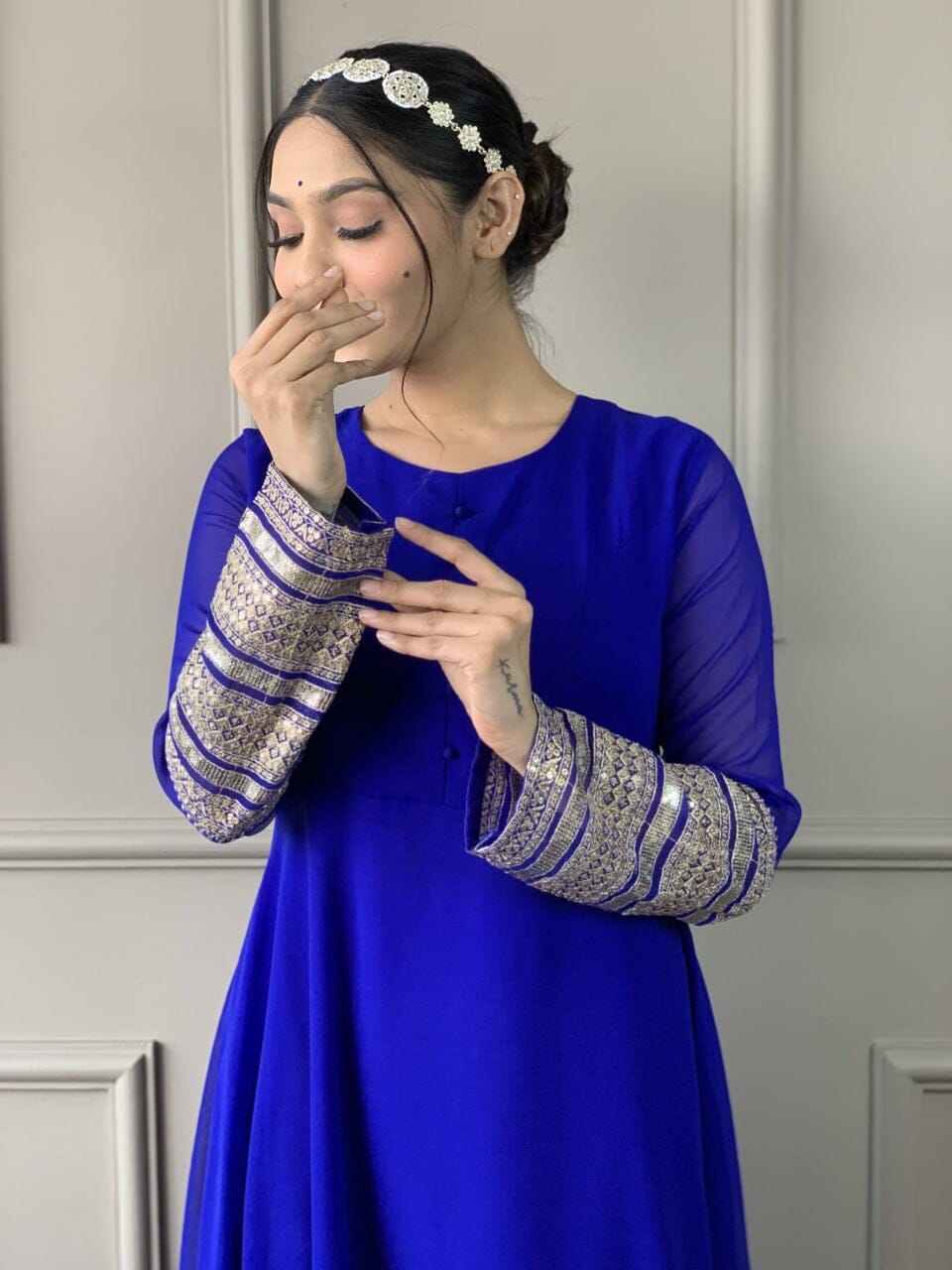 Royal Blue Georgette Gown with Embroidered Dupatta and Silk Pant Ready Made Designer Suits Shopin Di Apparels