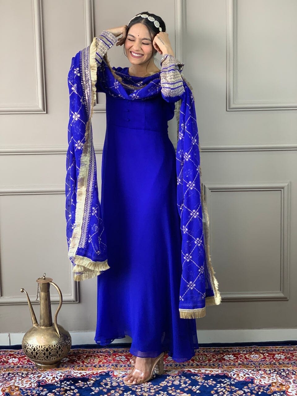 Royal Blue Georgette Gown with Embroidered Dupatta and Silk Pant Ready Made Designer Suits Shopin Di Apparels