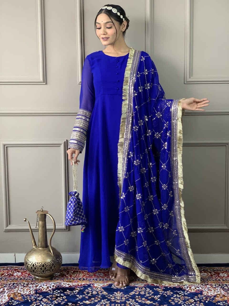 Royal Blue Georgette Gown with Embroidered Dupatta and Silk Pant Ready Made Designer Suits Shopin Di Apparels