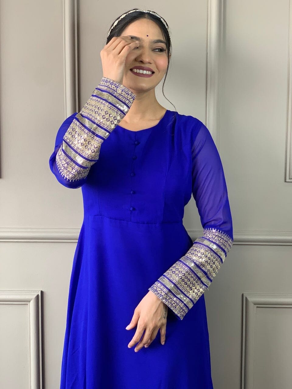 Royal Blue Georgette Gown with Embroidered Dupatta and Silk Pant Ready Made Designer Suits Shopin Di Apparels