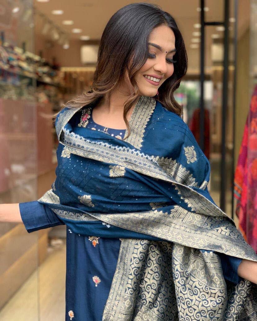 Royal Blue Viscose Chanderi with Sequence Coding Embroidery work Kurti with Dupatta and Pant Kurti with Bottom and Dupatta Shopin Di Apparels