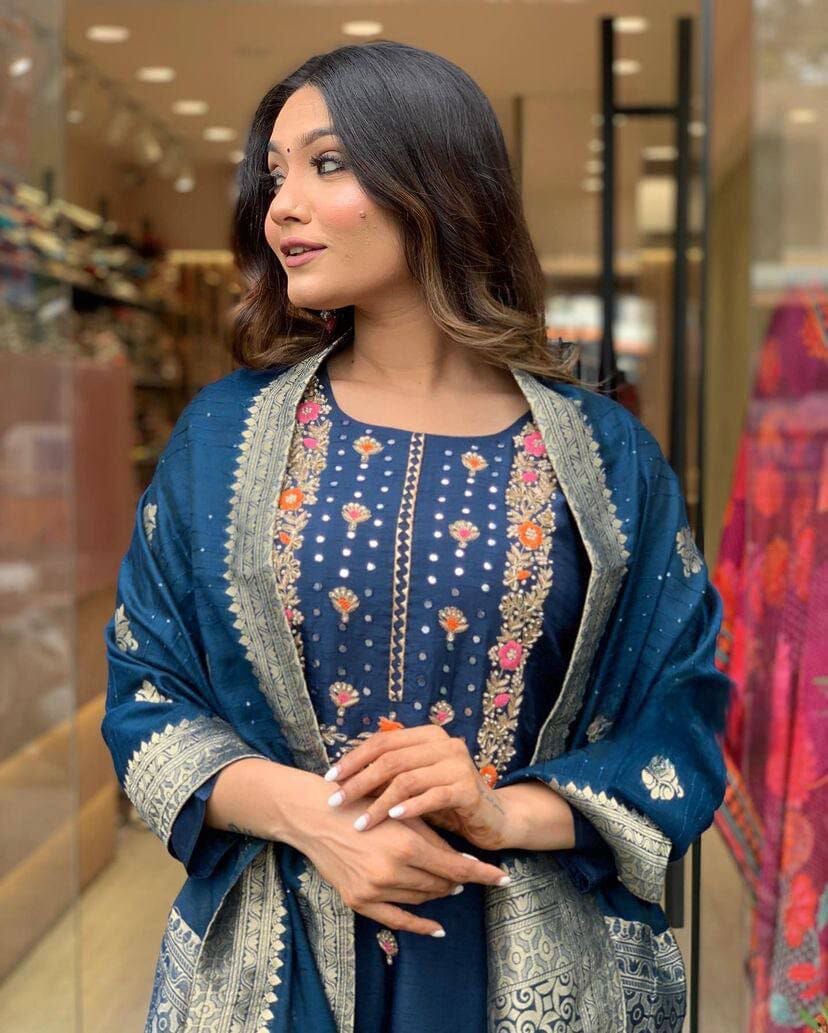 Royal Blue Viscose Chanderi with Sequence Coding Embroidery work Kurti with Dupatta and Pant Kurti with Bottom and Dupatta Shopin Di Apparels