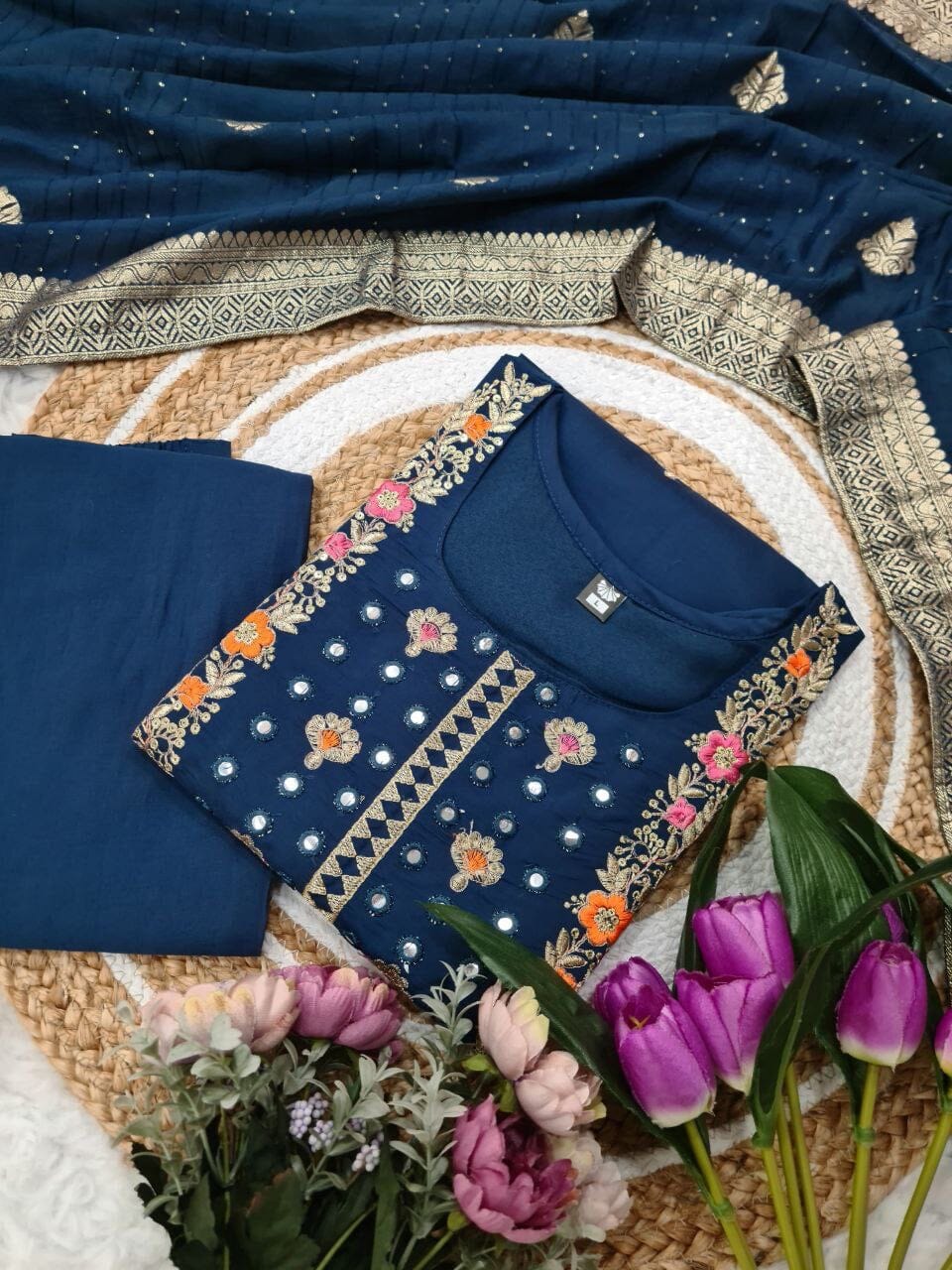 Royal Blue Viscose Chanderi with Sequence Coding Embroidery work Kurti with Dupatta and Pant Kurti with Bottom and Dupatta Shopin Di Apparels
