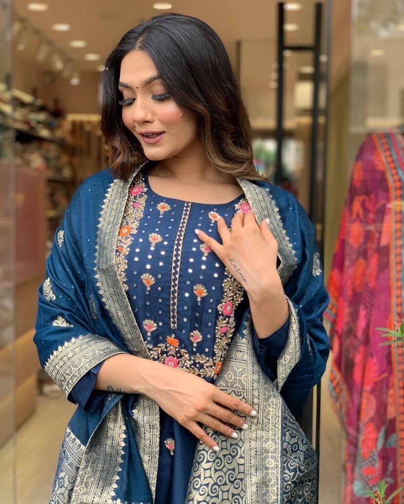 Royal Blue Viscose Chanderi with Sequence Coding Embroidery work Kurti with Dupatta and Pant Kurti with Bottom and Dupatta Shopin Di Apparels