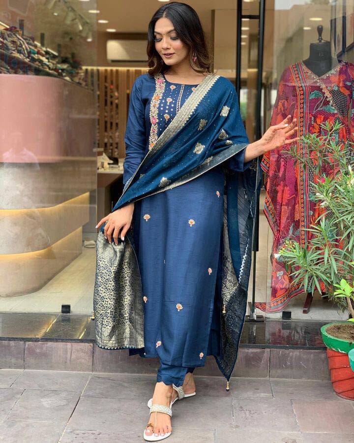 Royal Blue Viscose Chanderi with Sequence Coding Embroidery work Kurti with Dupatta and Pant Kurti with Bottom and Dupatta Shopin Di Apparels