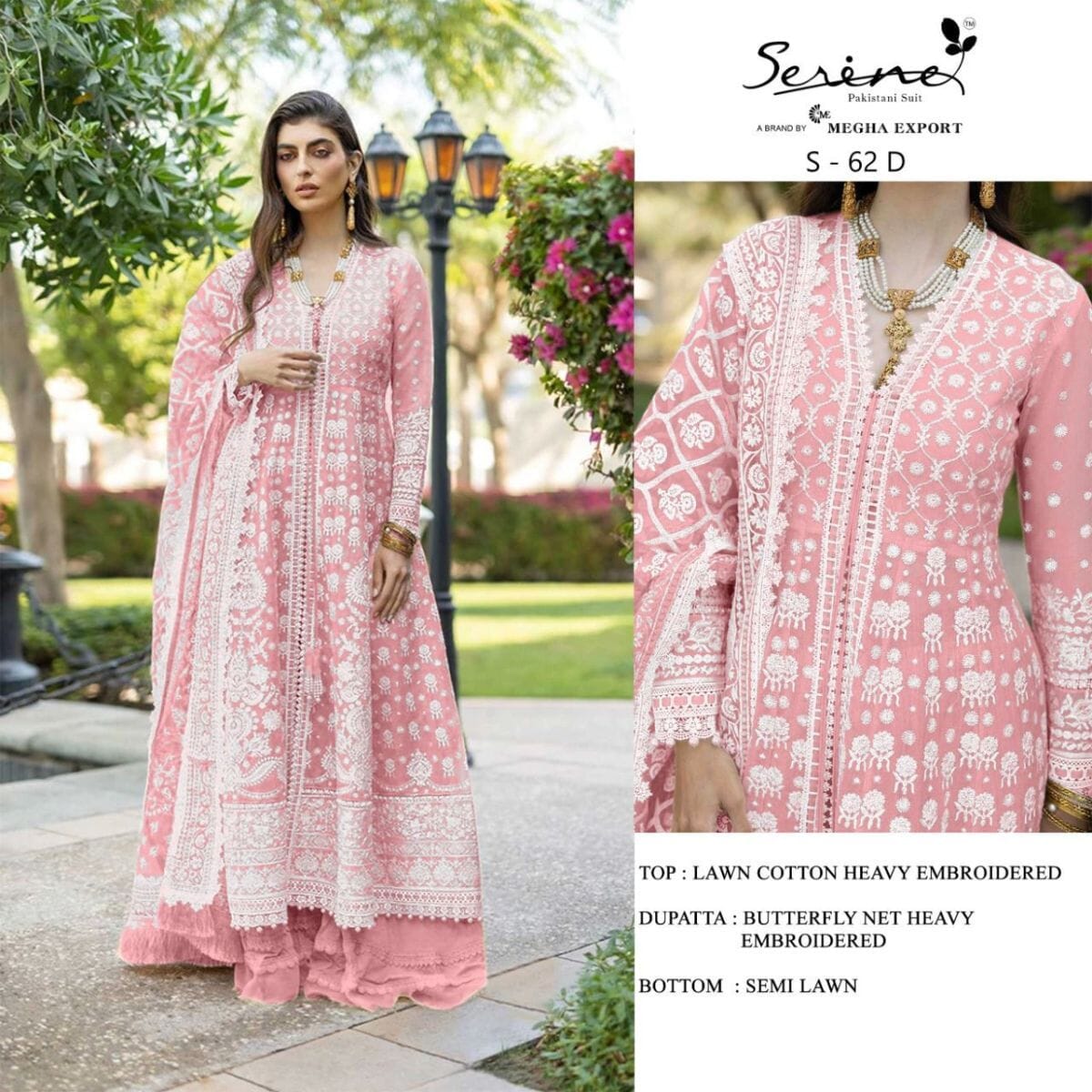 S 62 D Lawn Cotton Heavy Embroidered Long Straight Cut Pakistani Suit Ready Made Designer Suits Serene