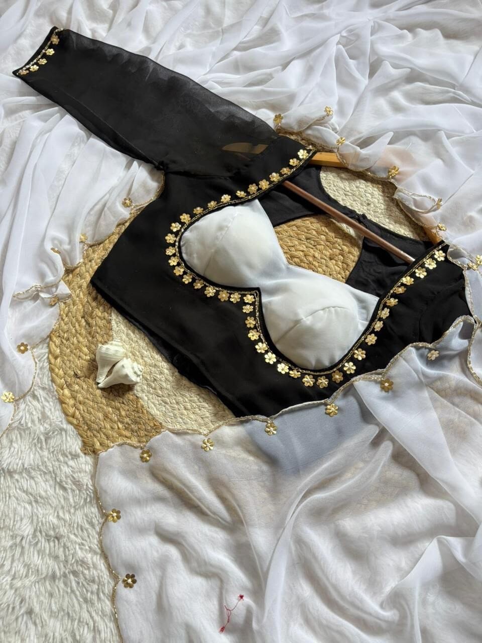 Sabhyasachi Designer Madhubala Readymade Black Blouse with White Georgette Handworked Saree Readymade Blouse Shopin Di Apparels