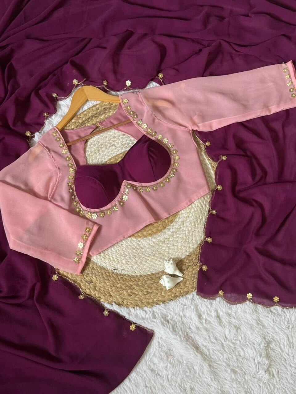 Sabhyasachi Designer Madhubala Readymade Pink Blouse with Wine Purple Georgette Handworked Saree Readymade Blouse Shopin Di Apparels