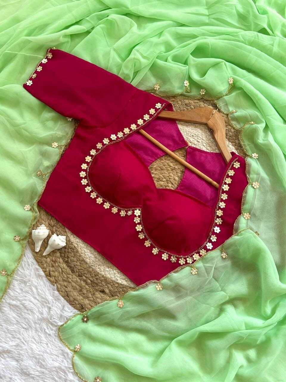 Sabhyasachi Designer Madhubala Readymade Red Blouse with Neon Green Georgette Handworked Saree Readymade Blouse Shopin Di Apparels