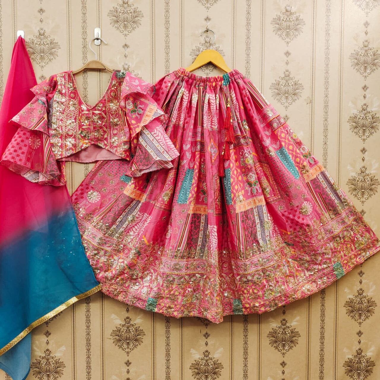 Sequins Embroidered with Beautiful Printed Fancy Sleeve Top Kid’s Lehenga Kid's Lehenga Shopin Di Apparels