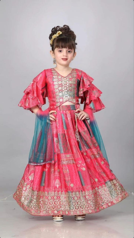 Sequins Embroidered with Beautiful Printed Fancy Sleeve Top Kid’s Lehenga Kid's Lehenga Shopin Di Apparels