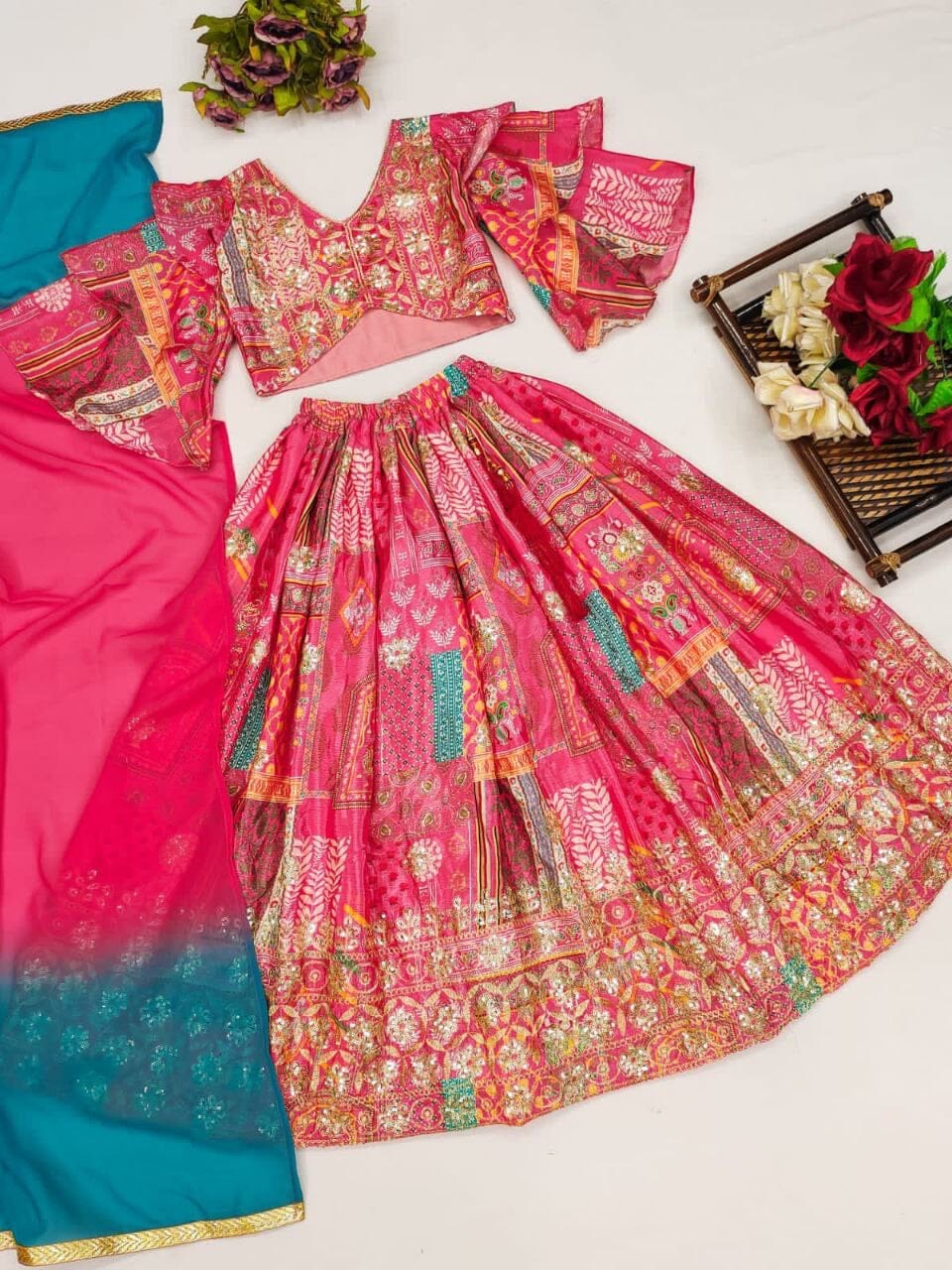 Sequins Embroidered with Beautiful Printed Fancy Sleeve Top Kid’s Lehenga Kid's Lehenga Shopin Di Apparels