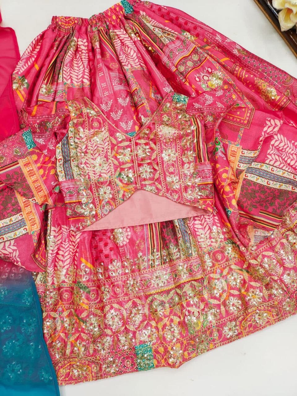 Sequins Embroidered with Beautiful Printed Fancy Sleeve Top Kid’s Lehenga Kid's Lehenga Shopin Di Apparels