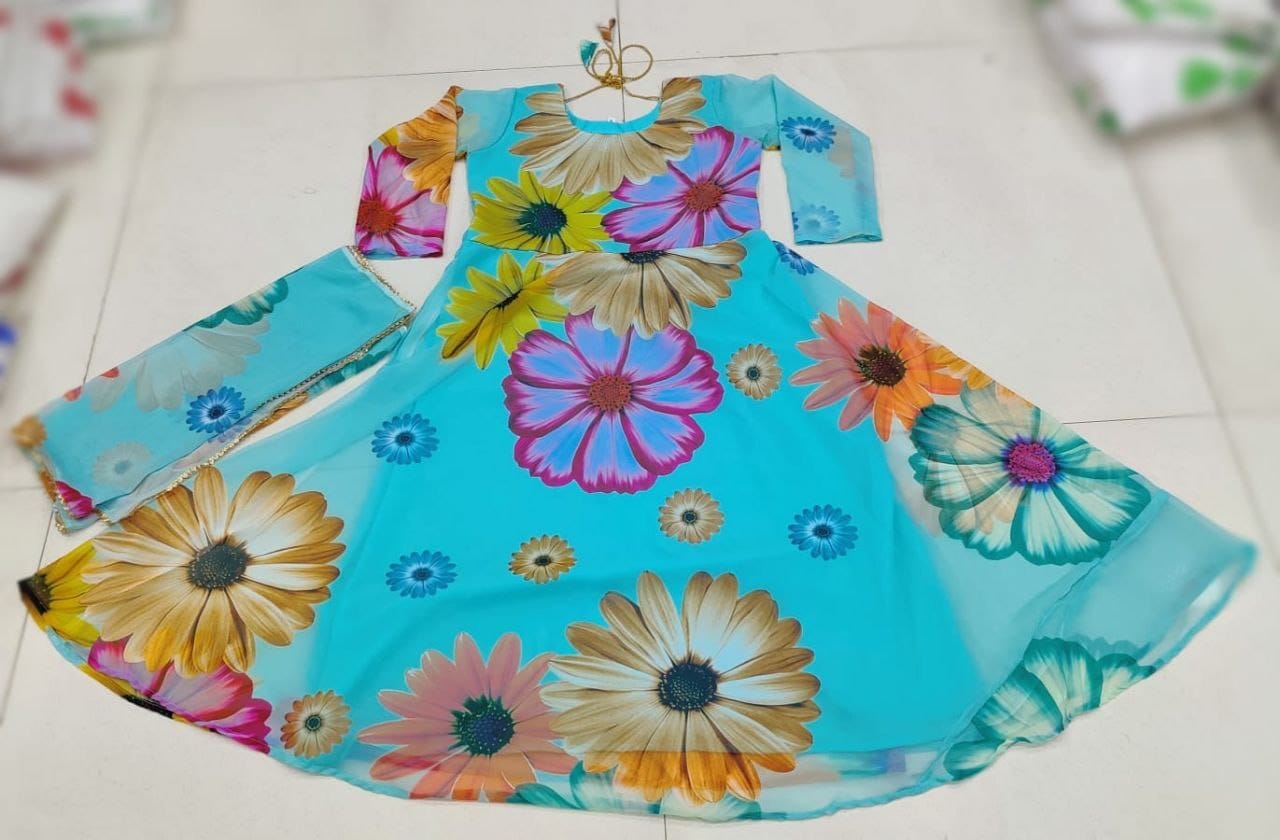 Sky Blue Big Flower Floral Printed Georgette Gown with Dupatta Gown with Dupatta Shopin Di Apparels