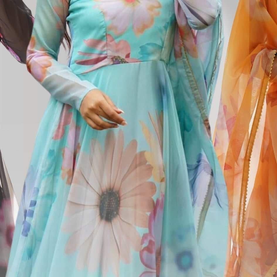 Sky Blue Big Flower Floral Printed Georgette Gown with Dupatta Gown with Dupatta Shopin Di Apparels