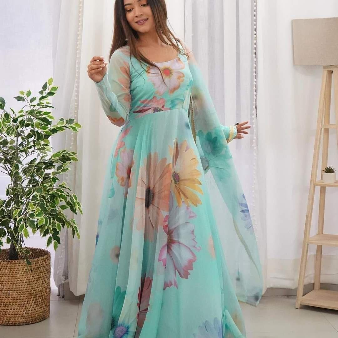 Sky Blue Big Flower Floral Printed Georgette Gown with Dupatta Gown with Dupatta Shopin Di Apparels