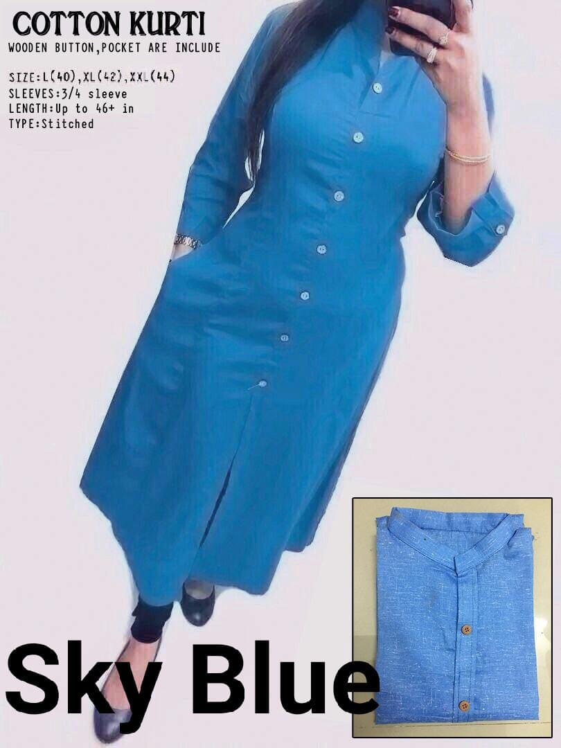 Sky Blue Plain Collar Cotton Kurti with Button and Pockets Kurti Shopin Di Apparels