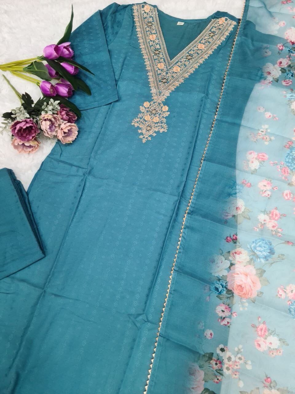 Sky Blue Pure Viscose Rayon Kurti with Dupatta and Pant Kurti with Bottom and Dupatta Shopin Di Apparels
