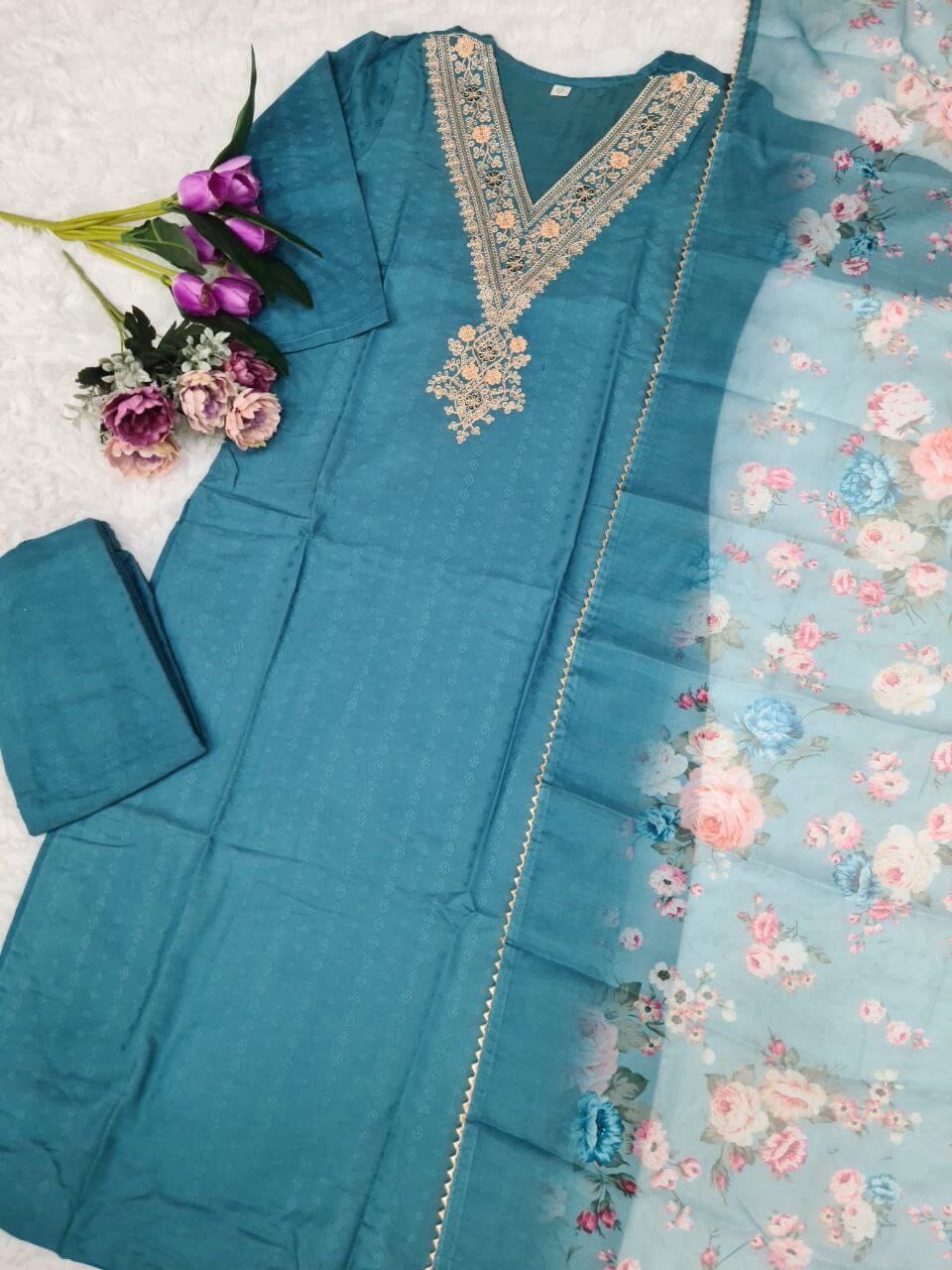Sky Blue Pure Viscose Rayon Kurti with Dupatta and Pant Kurti with Bottom and Dupatta Shopin Di Apparels
