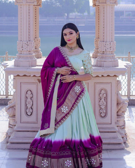 Sky Blue & Purple Lehenga Choli Real Mirror Work Dupatta Set 3pc Lehenga's Shopin Di Apparels