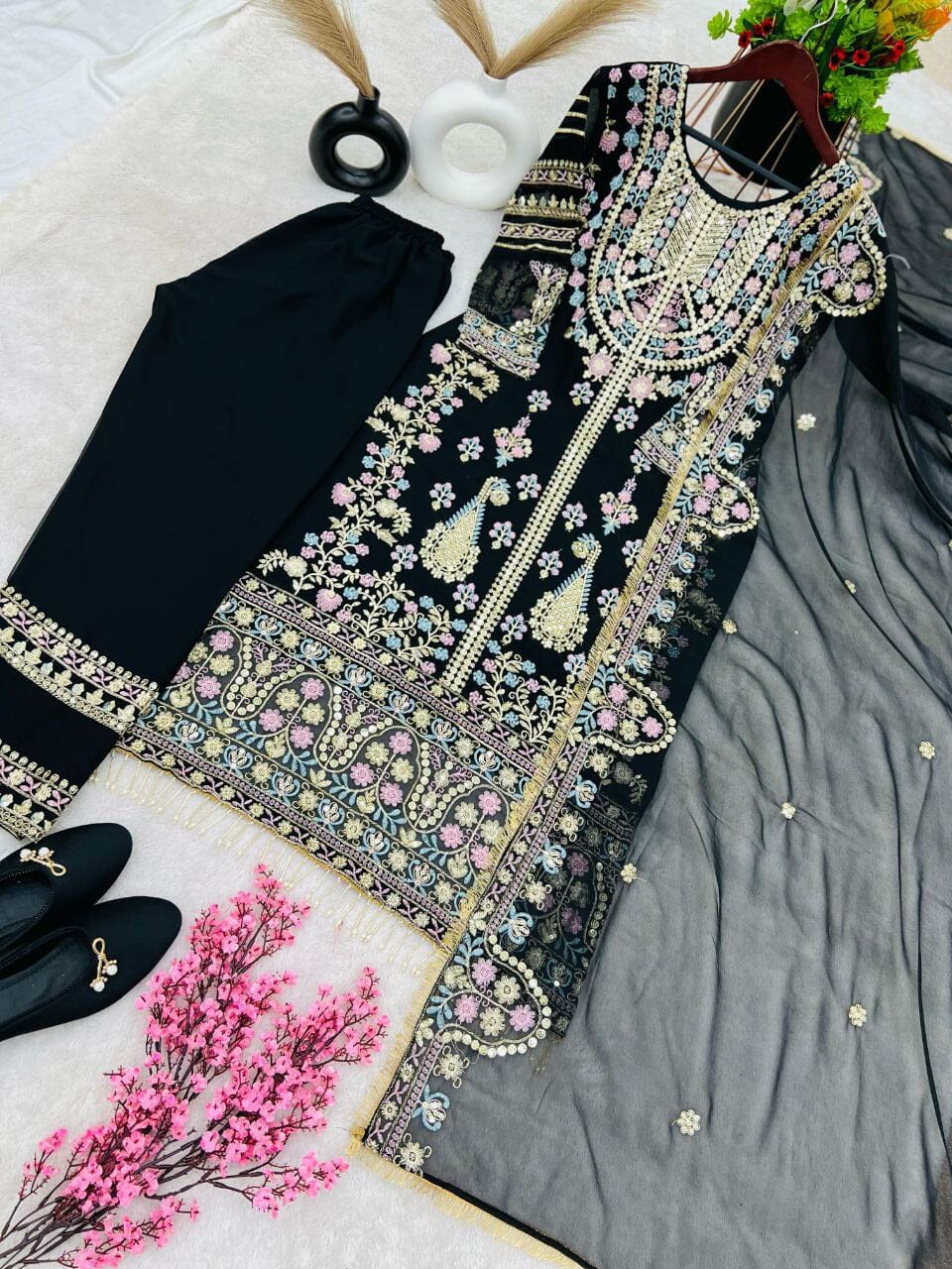 SR 1612 Black Festive Georgette Heavy Embroidered Suit in New Colors Ready Made Designer Suits Shopin Di Apparels