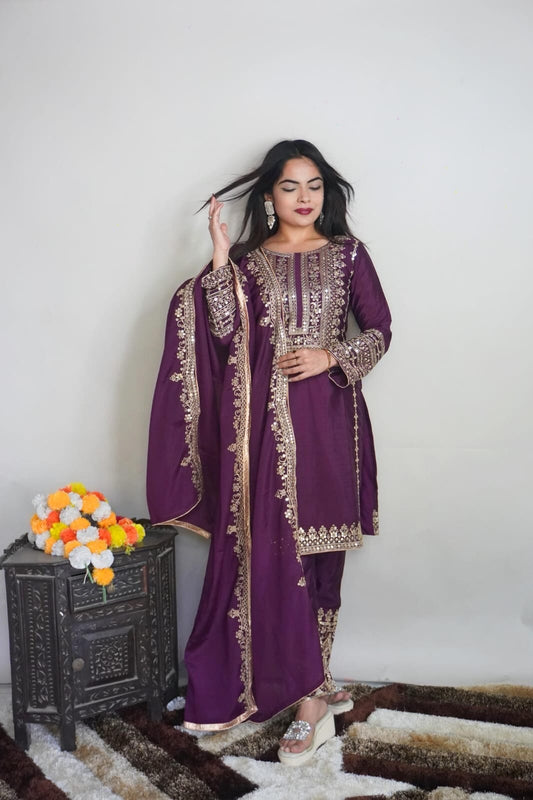 SRK 5151 Wine Purple Pure Chinnon Silk Sequence work Straight Cut Readymade Suit Ready Made Designer Suits Shopin Di Apparels