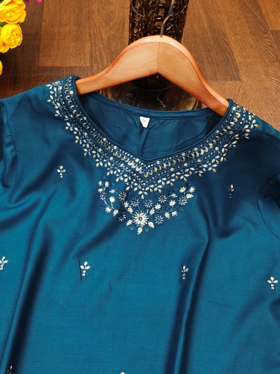 Teal Blue DHAMAKA Rayon Embroidered Kurti Kurti Shopin Di Apparels