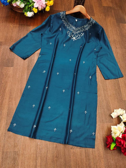 Teal Blue DHAMAKA Rayon Embroidered Kurti Kurti Shopin Di Apparels