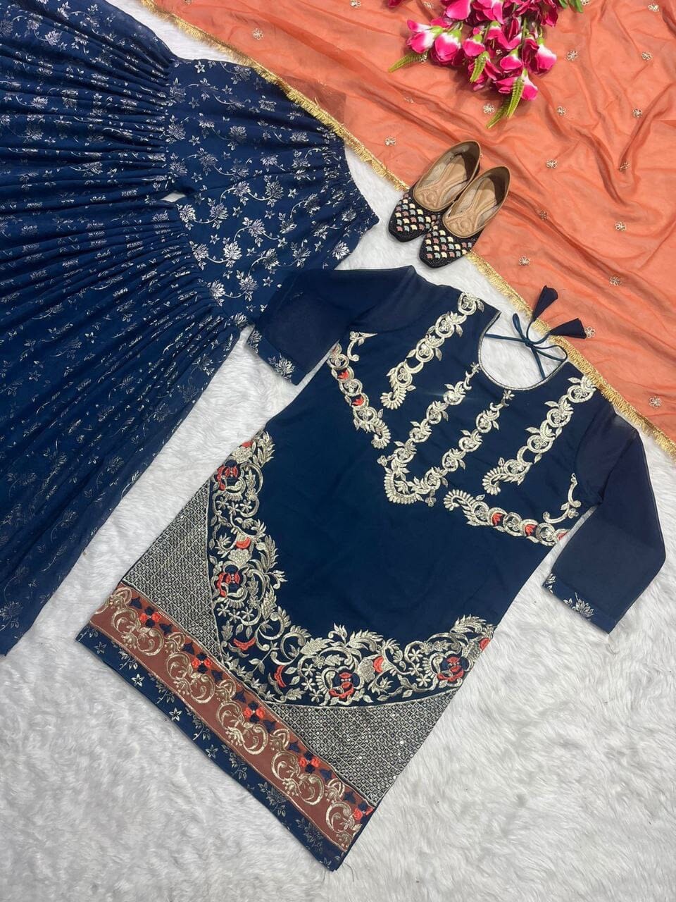 Teal Blue Heavy Faux Georgette Fancy Sharara Suit Ready Made Designer Suits Shopindiapparels.com