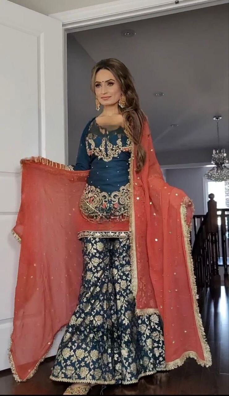 Teal Blue Heavy Faux Georgette Fancy Sharara Suit Ready Made Designer Suits Shopindiapparels.com
