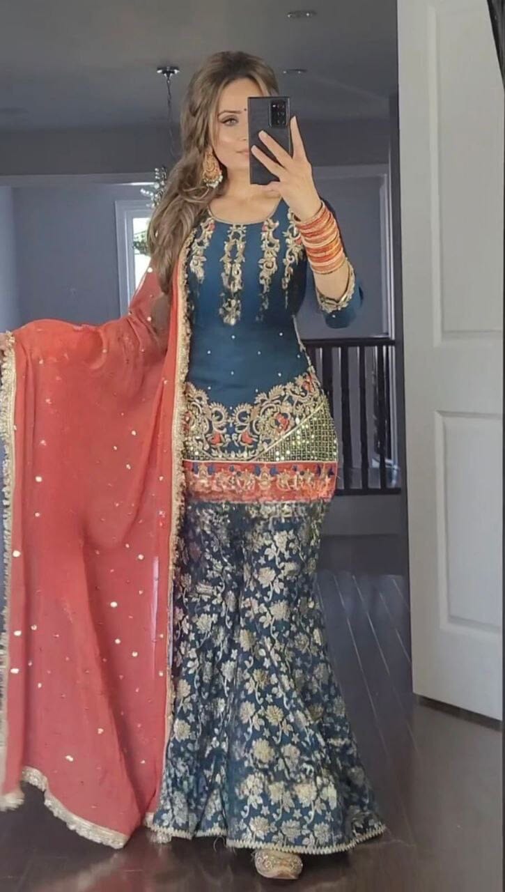 Teal Blue Heavy Faux Georgette Fancy Sharara Suit Ready Made Designer Suits Shopindiapparels.com