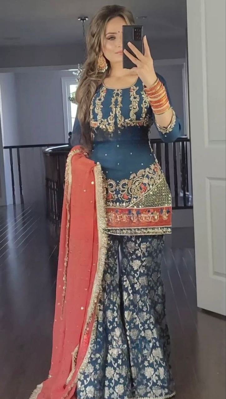 Teal Blue Heavy Faux Georgette Fancy Sharara Suit Ready Made Designer Suits Shopindiapparels.com