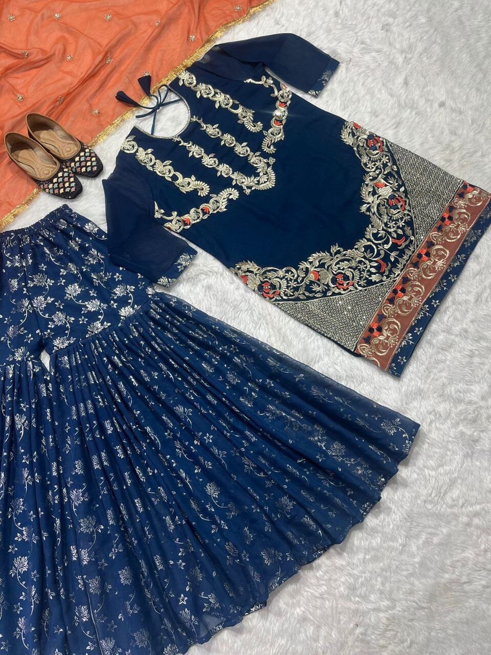 Teal Blue Heavy Faux Georgette Fancy Sharara Suit Ready Made Designer Suits Shopindiapparels.com