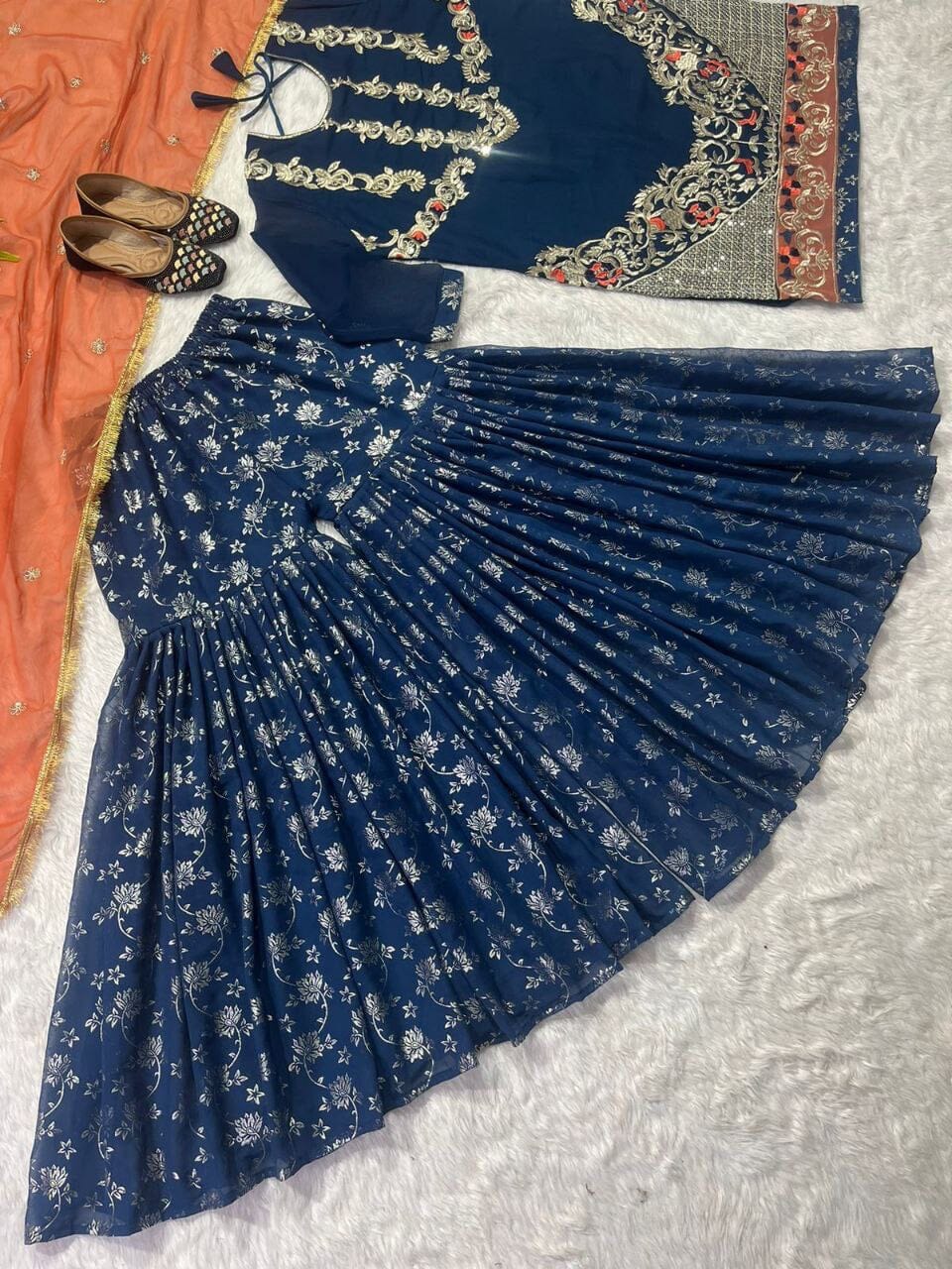 Teal Blue Heavy Faux Georgette Fancy Sharara Suit Ready Made Designer Suits Shopindiapparels.com