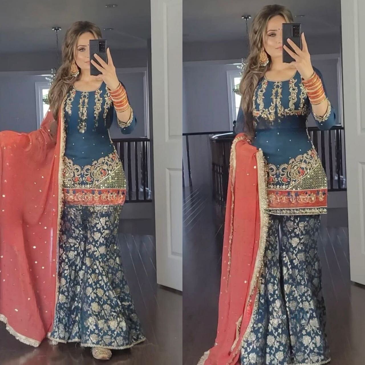 Teal Blue Heavy Faux Georgette Fancy Sharara Suit Ready Made Designer Suits Shopindiapparels.com