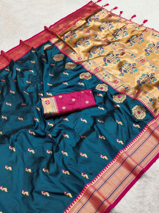 Teal Blue Peacock Paithani Silk Saree with Zari Meenakari Weaving & Tassels Silk Saree Shopin Di Apparels