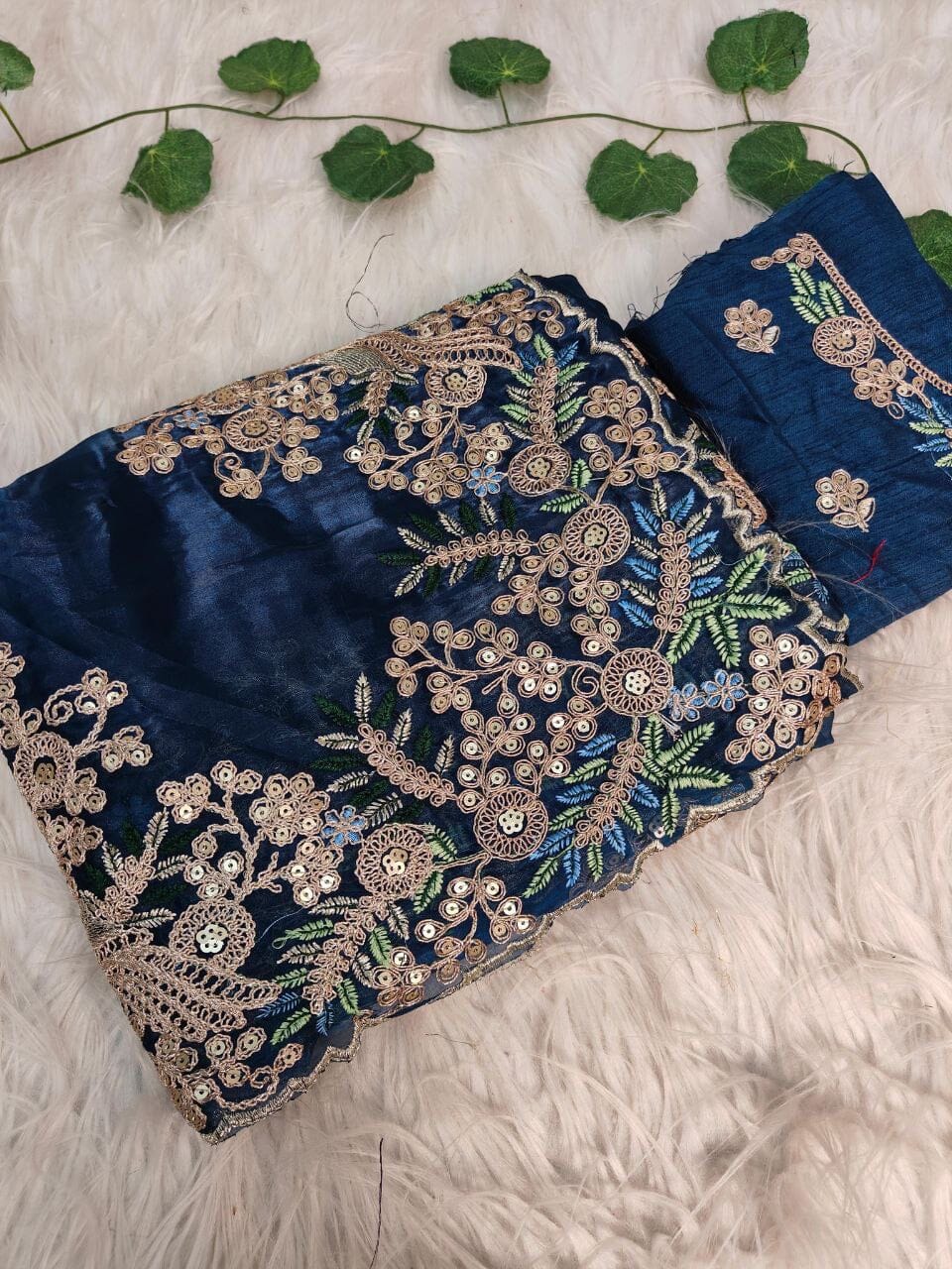 Teal Blue Pure Jimmy Choo Silk with Coding Sequence Embroidered work Designer Saree Designer saree Shopin Di Apparels