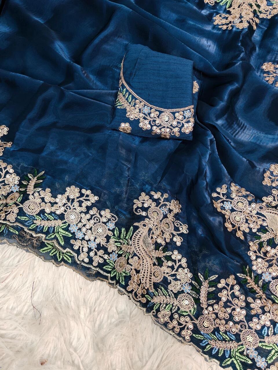 Teal Blue Pure Jimmy Choo Silk with Coding Sequence Embroidered work Designer Saree Designer saree Shopin Di Apparels