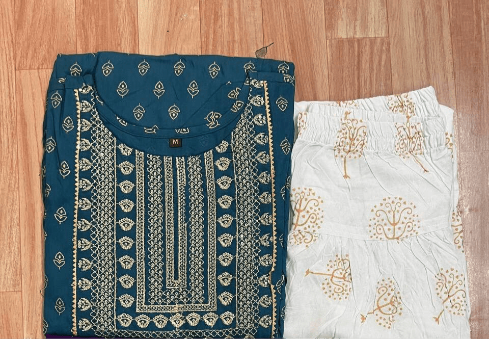 Teal Blue Rayon Embroidered Kurti with Dhoti Shopin Di Apparels