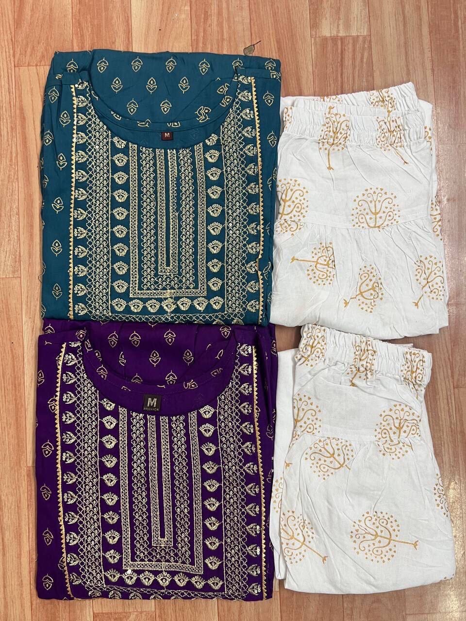 Teal Blue Rayon Embroidered Kurti with Dhoti Shopin Di Apparels