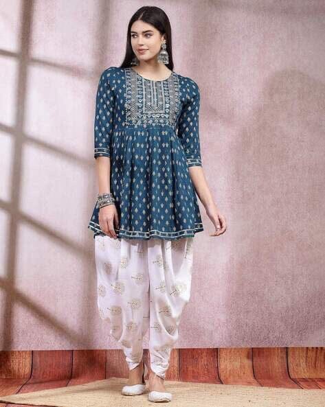 Teal Blue Rayon Embroidered Kurti with Dhoti Shopin Di Apparels