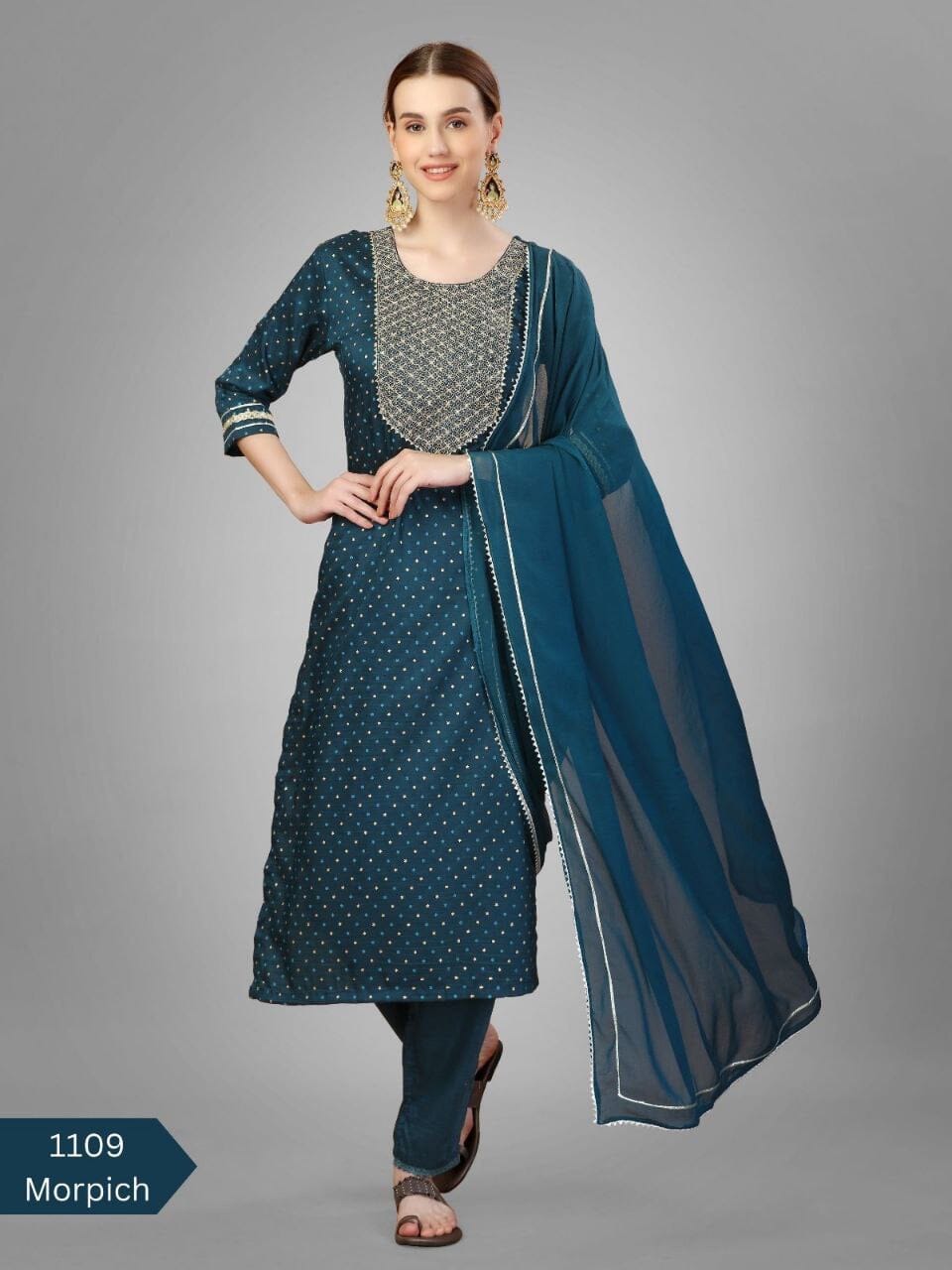 Teal Silk Blend Sequence Embroidered Designer Kurti with Dupatta and Bottom Kurti with Dupatta and Bottom Shopin Di Apparels