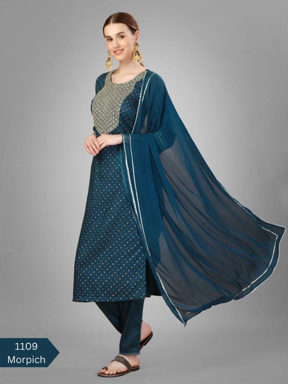 Teal Silk Blend Sequence Embroidered Designer Kurti with Dupatta and Bottom Kurti with Dupatta and Bottom Shopin Di Apparels