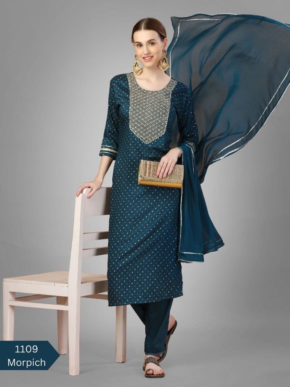 Teal Silk Blend Sequence Embroidered Designer Kurti with Dupatta and Bottom Kurti with Dupatta and Bottom Shopin Di Apparels