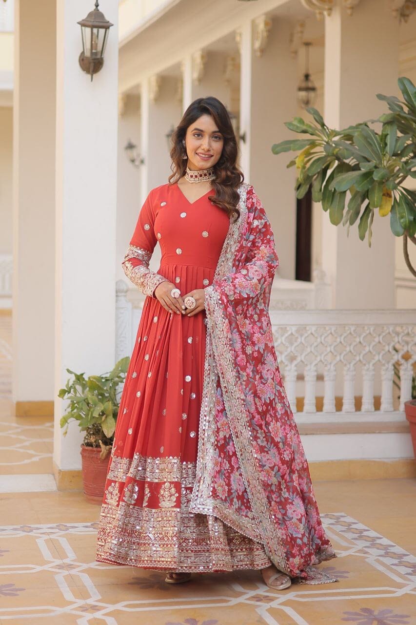 Tomato Red Premium Readymade Designer Georgette Sequence Work Gown with Tabby silk Embroidered Dupatta Gown with Dupatta Shopin Di Apparels