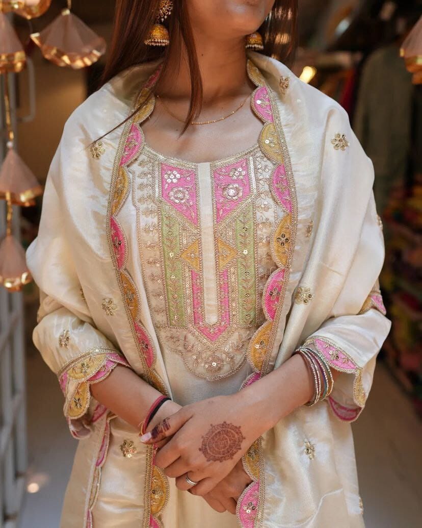 TOP FABRIC : *VISCOSE CHANDERI WITH SEQUENCE CODING EMBROIDERY WORK Kurti & Dupatta Shopin Di Apparels