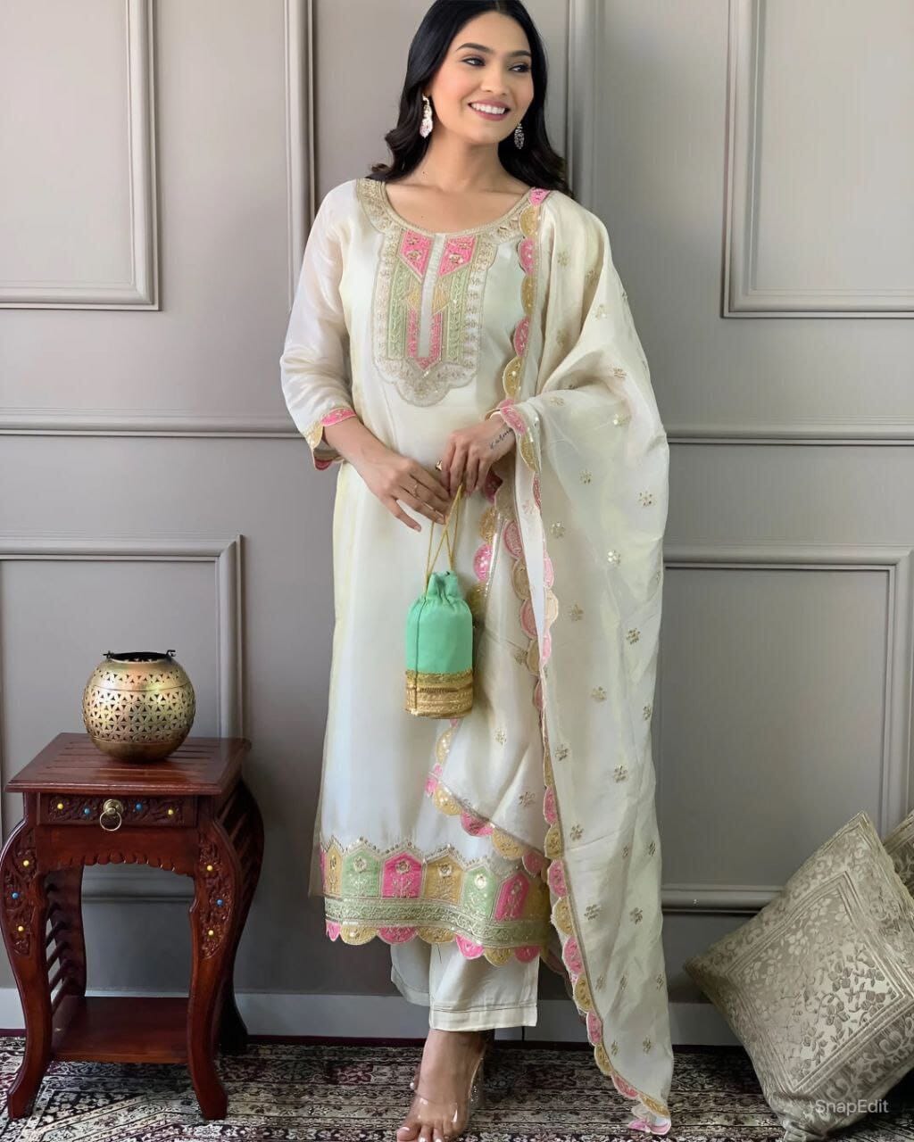 TOP FABRIC : *VISCOSE CHANDERI WITH SEQUENCE CODING EMBROIDERY WORK Kurti & Dupatta Shopin Di Apparels